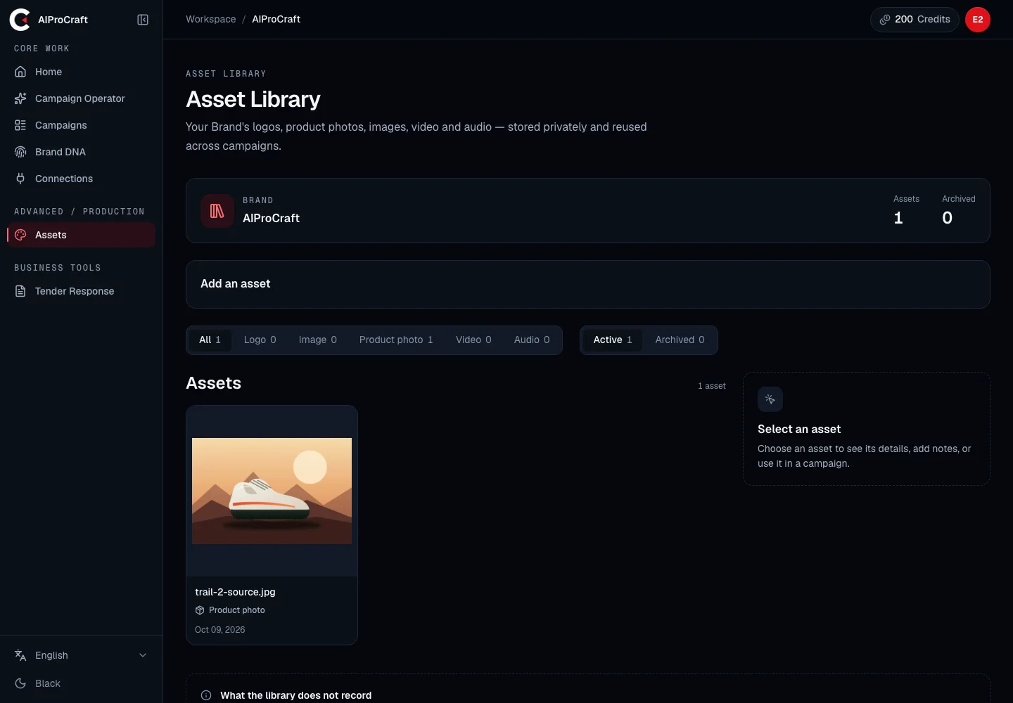 AIProCraft asset library with an uploaded product photo